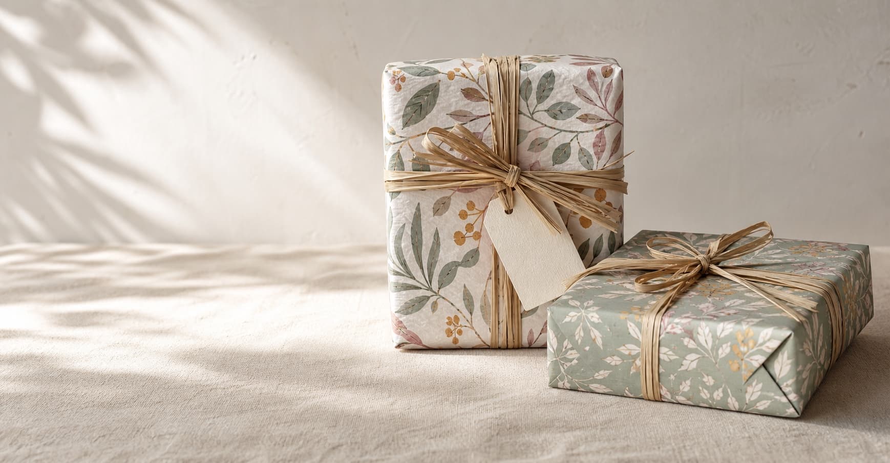 Two gifts wrapped in softly coloured botanical Paper Hare papers