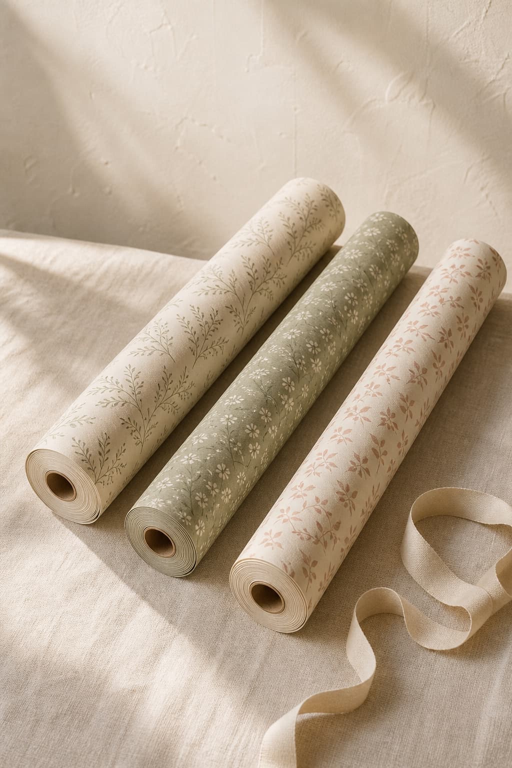 Three rolls of botanical wrapping paper arranged on ivory linen